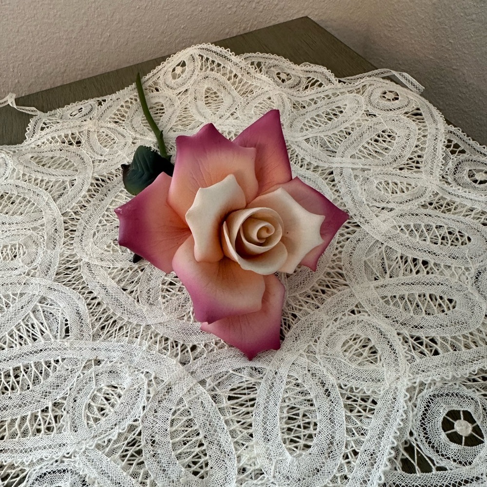 Vintage Ceramic  Pink White Single Rose Flower
Branch